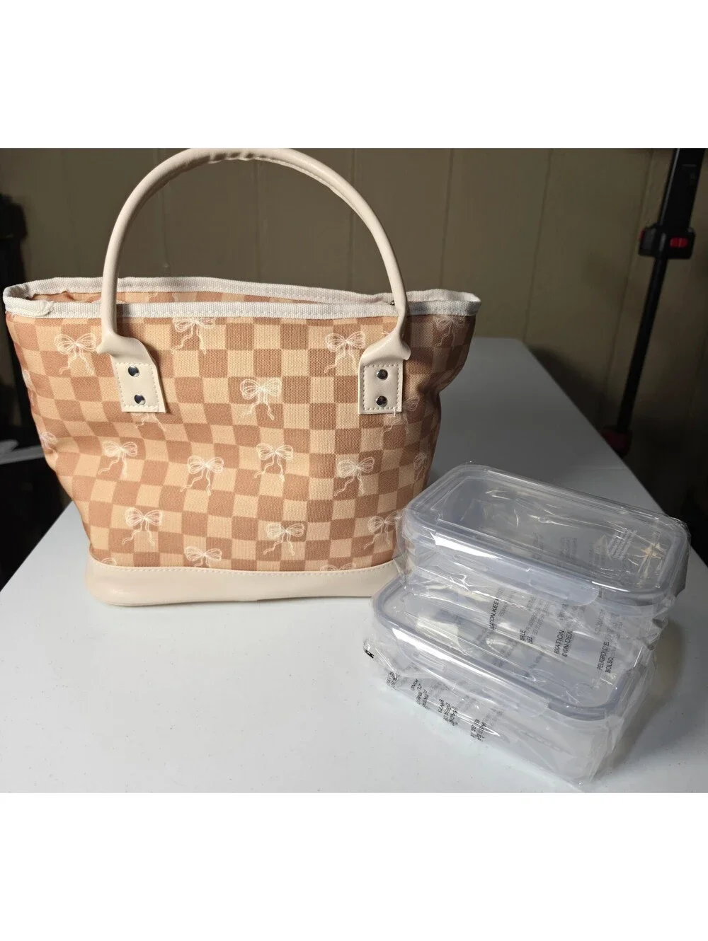 Ollie & Olivia Beige Checkered Tote Bag with Bow Print and Cream Handles